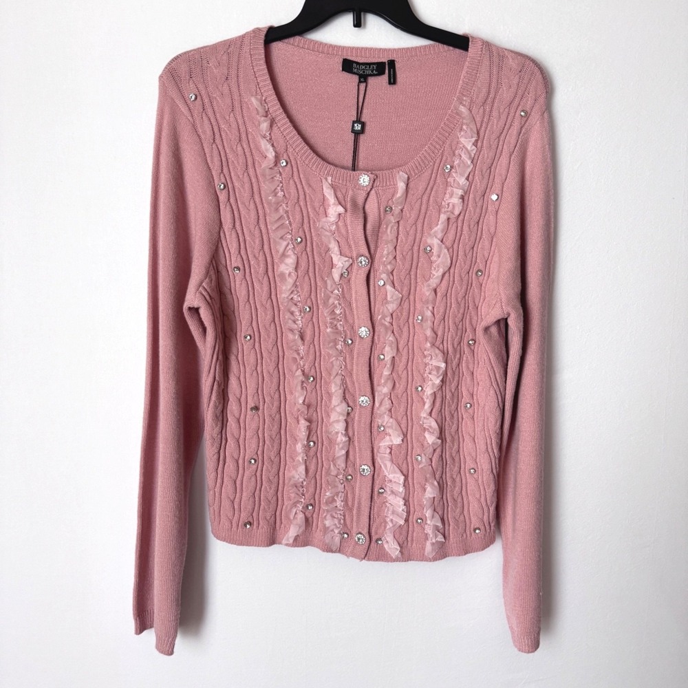 Badgley Mischka Cardigan Cable Knit Women XL Pink Ruffle Rhinestone